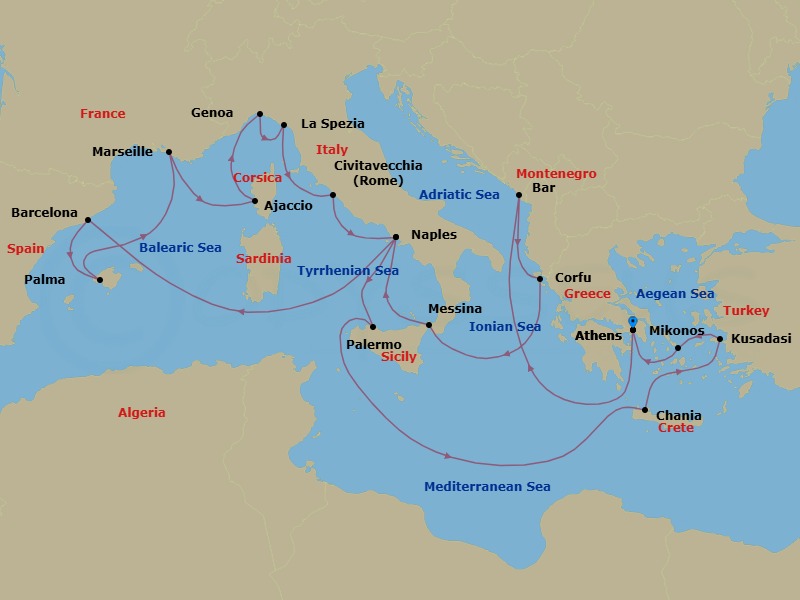 Route map: Athens (Piraeus), Greece → Bar, Montenegro → Corfu, Greece → Sicily (Messina), Italy → Naples, Italy (for Capri & Pompeii) → Barcelona, Spain → Mallorca (Palma), Spain → Marseille (Provence), France → Corsica (Ajaccio), France → Genoa (for Cinque Terre), Italy