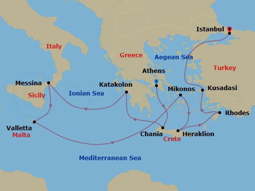Route map: Athens (Piraeus), Greece → Crete (Chania), Greece → Katakolon (for Olympia), Greece → Sicily (Messina), Italy → Valletta, Malta → Mykonos, Greece → Crete (Heraklion), Greece → Rhodes, Greece → Kusadasi, Turkey (for Ephesus) → Istanbul, Turkey