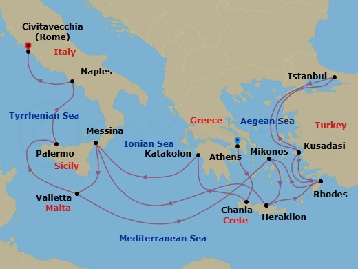 Route map: Athens (Piraeus), Greece → Crete (Chania), Greece → Katakolon (for Olympia), Greece → Sicily (Messina), Italy → Valletta, Malta → Mykonos, Greece → Crete (Heraklion), Greece → Rhodes, Greece → Kusadasi, Turkey (for Ephesus) → Istanbul, Turkey
