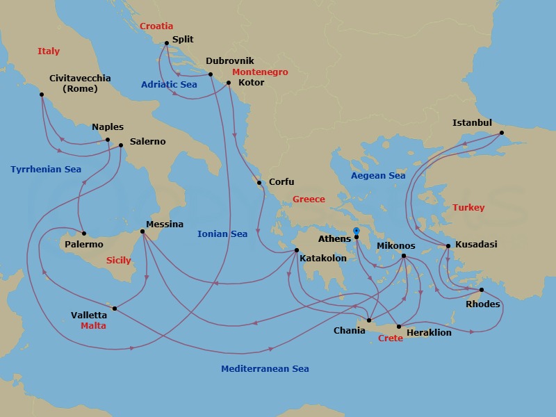 Route map: Athens (Piraeus), Greece → Crete (Chania), Greece → Katakolon (for Olympia), Greece → Sicily (Messina), Italy → Valletta, Malta → Mykonos, Greece → Crete (Heraklion), Greece → Rhodes, Greece → Kusadasi, Turkey (for Ephesus) → Istanbul, Turkey
