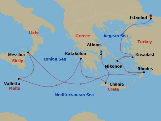 Route map: Athens (Piraeus), Greece → Crete (Chania), Greece → Katakolon (for Olympia), Greece → Valletta, Malta → Sicily (Messina), Italy → Rhodes, Greece → Mykonos, Greece → Kusadasi, Turkey (for Ephesus) → Istanbul, Turkey