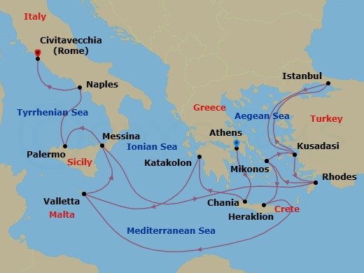 Route map: Athens (Piraeus), Greece → Crete (Chania), Greece → Katakolon (for Olympia), Greece → Valletta, Malta → Sicily (Messina), Italy → Rhodes, Greece → Mykonos, Greece → Kusadasi, Turkey (for Ephesus) → Istanbul, Turkey → Kusadasi, Turkey (for Ephesus)