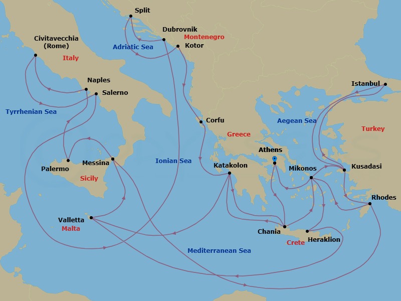 Route map: Athens (Piraeus), Greece → Crete (Chania), Greece → Katakolon (for Olympia), Greece → Valletta, Malta → Sicily (Messina), Italy → Rhodes, Greece → Mykonos, Greece → Kusadasi, Turkey (for Ephesus) → Istanbul, Turkey → Kusadasi, Turkey (for Ephesus)