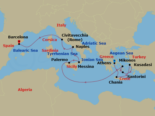 Route map: Athens (Piraeus), Greece → Crete (Chania), Greece → Kusadasi, Turkey (for Ephesus) → Santorini, Greece → Mykonos, Greece → Sicily (Palermo), Italy → Sicily (Messina), Italy → Naples, Italy (for Capri & Pompeii) → Civitavecchia (for Rome), Italy → Barcelona, Spain
