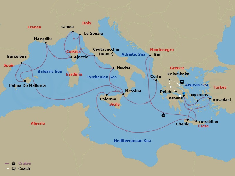 Route map: Athens (Piraeus), Greece → Delphi, Greece → Kalambaka, Greece → Athens (Piraeus), Greece → Crete (Heraklion), Greece → Bar, Montenegro → Corfu, Greece → Sicily (Messina), Italy → Barcelona, Spain → Mallorca (Palma), Spain
