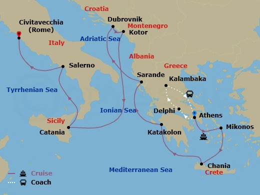 Route map: Athens (Piraeus), Greece → Delphi, Greece → Kalambaka, Greece → Athens (Piraeus), Greece → Mykonos, Greece → Crete (Chania), Greece → Katakolon (for Olympia), Greece → Sarande, Albania → Dubrovnik, Croatia → Kotor, Montenegro