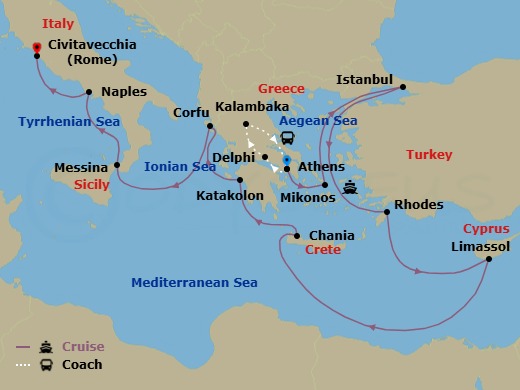 Route map: Athens (Piraeus), Greece → Delphi, Greece → Kalambaka, Greece → Athens (Piraeus), Greece → Mykonos, Greece → Istanbul, Turkey → Rhodes, Greece → Limassol, Cyprus → Crete (Chania), Greece → Katakolon (for Olympia), Greece