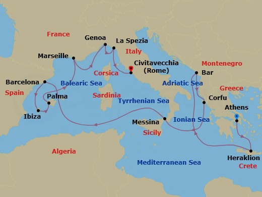 Route map: Athens (Piraeus), Greece → Crete (Heraklion), Greece → Bar, Montenegro → Corfu, Greece → Sicily (Messina), Italy → Barcelona, Spain → Ibiza, Spain → Mallorca (Palma), Spain → Marseille (Provence), France → Genoa (for Cinque Terre), Italy
