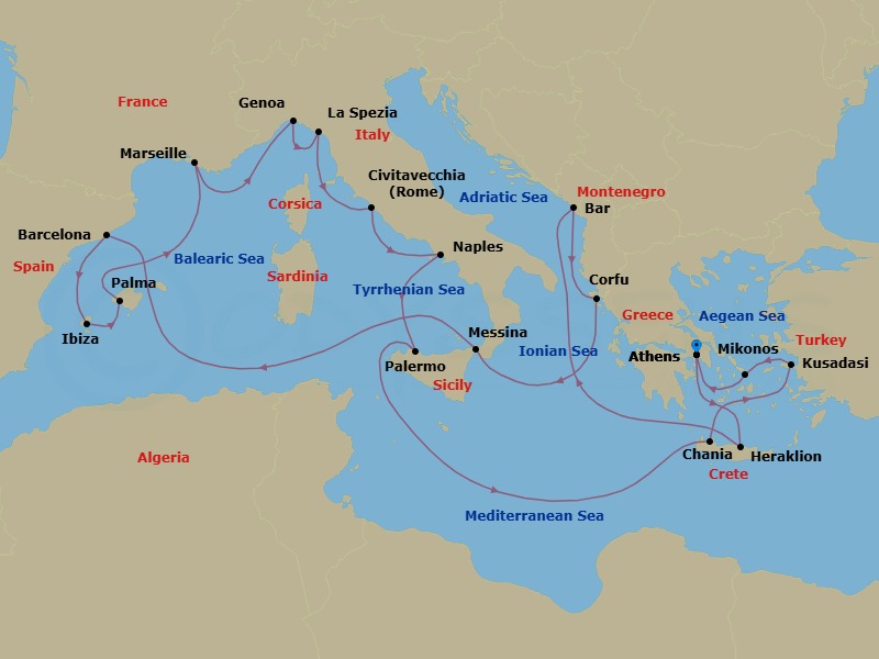 Route map: Athens (Piraeus), Greece → Crete (Heraklion), Greece → Bar, Montenegro → Corfu, Greece → Sicily (Messina), Italy → Barcelona, Spain → Ibiza, Spain → Mallorca (Palma), Spain → Marseille (Provence), France → Genoa (for Cinque Terre), Italy