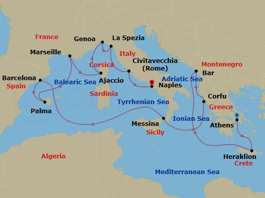 Route map: Athens (Piraeus), Greece → Crete (Heraklion), Greece → Bar, Montenegro → Corfu, Greece → Sicily (Messina), Italy → Barcelona, Spain → Mallorca (Palma), Spain → Marseille (Provence), France → Corsica (Ajaccio), France → Genoa (for Cinque Terre), Italy