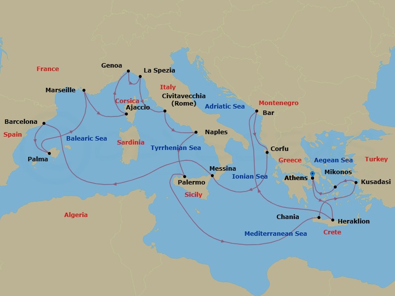 Route map: Athens (Piraeus), Greece → Crete (Heraklion), Greece → Bar, Montenegro → Corfu, Greece → Sicily (Messina), Italy → Barcelona, Spain → Mallorca (Palma), Spain → Marseille (Provence), France → Corsica (Ajaccio), France → Genoa (for Cinque Terre), Italy