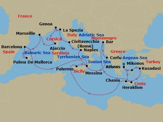 Route map: Athens (Piraeus), Greece → Crete (Heraklion), Greece → Bar, Montenegro → Corfu, Greece → Sicily (Messina), Italy → Barcelona, Spain → Mallorca (Palma), Spain → Marseille (Provence), France → Corsica (Ajaccio), France → Genoa (for Cinque Terre), Italy