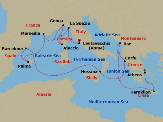Route map: Athens (Piraeus), Greece → Crete (Heraklion), Greece → Bar, Montenegro → Corfu, Greece → Sicily (Messina), Italy → Barcelona, Spain → Mallorca (Palma), Spain → Marseille (Provence), France → Genoa (for Cinque Terre), Italy → Corsica (Ajaccio), France