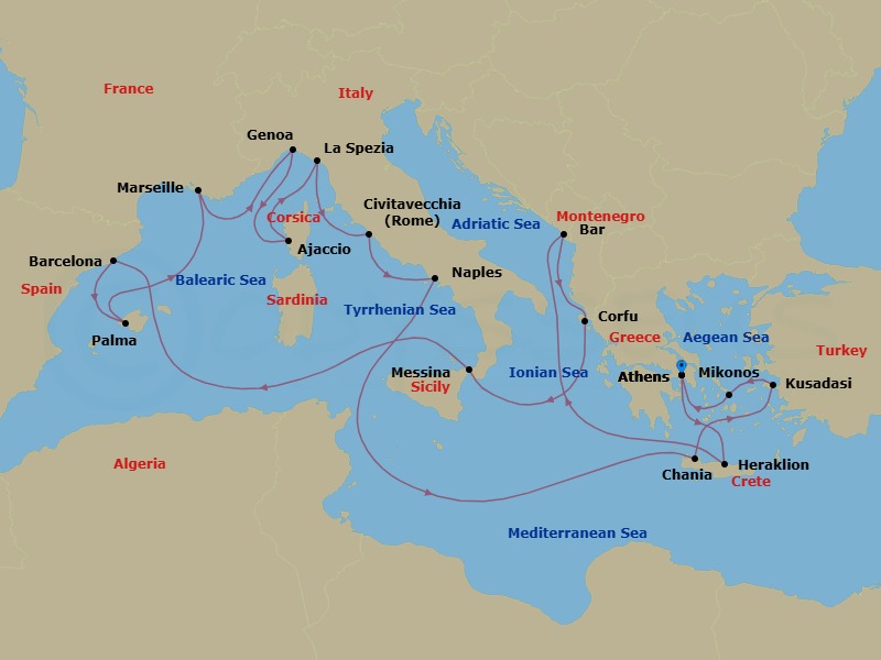 Route map: Athens (Piraeus), Greece → Crete (Heraklion), Greece → Bar, Montenegro → Corfu, Greece → Sicily (Messina), Italy → Barcelona, Spain → Mallorca (Palma), Spain → Marseille (Provence), France → Genoa (for Cinque Terre), Italy → Corsica (Ajaccio), France