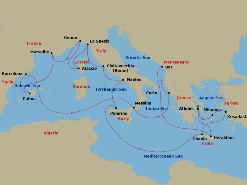 Route map: Athens (Piraeus), Greece → Crete (Heraklion), Greece → Bar, Montenegro → Corfu, Greece → Sicily (Messina), Italy → Barcelona, Spain → Mallorca (Palma), Spain → Marseille (Provence), France → Genoa (for Cinque Terre), Italy → Corsica (Ajaccio), France
