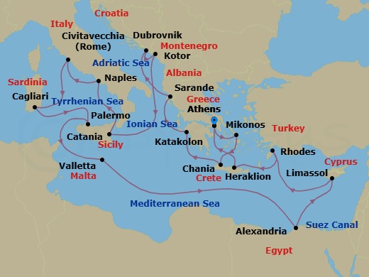 Route map: Athens (Piraeus), Greece → Mykonos, Greece → Crete (Chania), Greece → Katakolon (for Olympia), Greece → Sarande, Albania → Dubrovnik, Croatia → Kotor, Montenegro → Sicily (Catania), Italy → Naples, Italy (for Capri & Pompeii) → Civitavecchia (for Rome), Italy