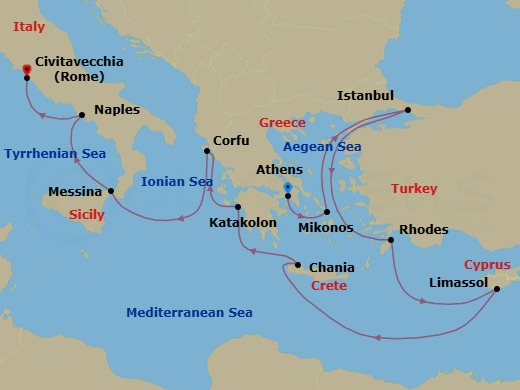Route map: Athens (Piraeus), Greece → Mykonos, Greece → Istanbul, Turkey → Rhodes, Greece → Limassol, Cyprus → Crete (Chania), Greece → Katakolon (for Olympia), Greece → Corfu, Greece → Sicily (Messina), Italy → Naples, Italy (for Capri & Pompeii)