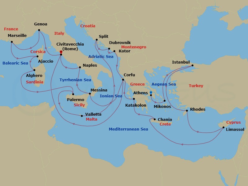 Route map: Athens (Piraeus), Greece → Mykonos, Greece → Istanbul, Turkey → Rhodes, Greece → Limassol, Cyprus → Crete (Chania), Greece → Katakolon (for Olympia), Greece → Corfu, Greece → Sicily (Messina), Italy → Naples, Italy (for Capri & Pompeii)