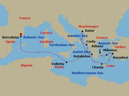 Route map: Athens (Piraeus), Greece → Mykonos, Greece → Kusadasi, Turkey (for Ephesus) → Crete (Chania), Greece → Katakolon (for Olympia), Greece → Corfu, Greece → Kotor, Montenegro → Valletta, Malta → Barcelona, Spain
