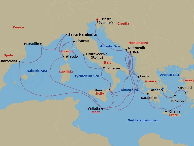Route map: Athens (Piraeus), Greece → Mykonos, Greece → Kusadasi, Turkey (for Ephesus) → Crete (Chania), Greece → Katakolon (for Olympia), Greece → Corfu, Greece → Kotor, Montenegro → Valletta, Malta → Barcelona, Spain → Marseille (Provence), France