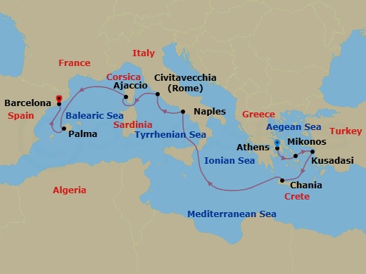Route map: Athens (Piraeus), Greece → Mykonos, Greece → Kusadasi, Turkey (for Ephesus) → Crete (Chania), Greece → Naples, Italy (for Capri & Pompeii) → Civitavecchia (for Rome), Italy → Corsica (Ajaccio), France → Mallorca (Palma), Spain → Barcelona, Spain