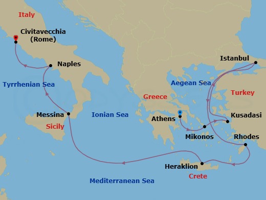 Route map: Athens (Piraeus), Greece → Mykonos, Greece → Kusadasi, Turkey (for Ephesus) → Istanbul, Turkey → Rhodes, Greece → Crete (Heraklion), Greece → Sicily (Messina), Italy → Naples, Italy (for Capri & Pompeii) → Civitavecchia (for Rome), Italy