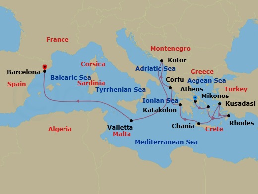 Route map: Athens (Piraeus), Greece → Mykonos, Greece → Rhodes, Greece → Kusadasi, Turkey (for Ephesus) → Crete (Chania), Greece → Katakolon (for Olympia), Greece → Corfu, Greece → Kotor, Montenegro → Valletta, Malta → Barcelona, Spain