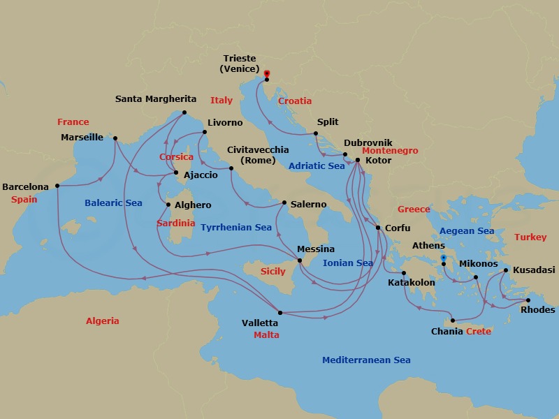 Route map: Athens (Piraeus), Greece → Mykonos, Greece → Rhodes, Greece → Kusadasi, Turkey (for Ephesus) → Crete (Chania), Greece → Katakolon (for Olympia), Greece → Corfu, Greece → Kotor, Montenegro → Valletta, Malta → Barcelona, Spain
