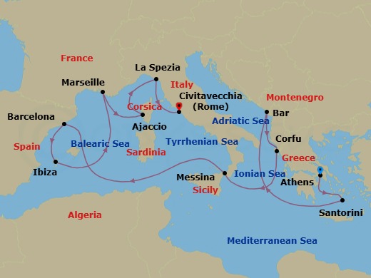 Route map: Athens (Piraeus), Greece → Santorini, Greece → Bar, Montenegro → Corfu, Greece → Sicily (Messina), Italy → Barcelona, Spain → Ibiza, Spain → Marseille (Provence), France → Corsica (Ajaccio), France → La Spezia (for Florence/Pisa),Italy