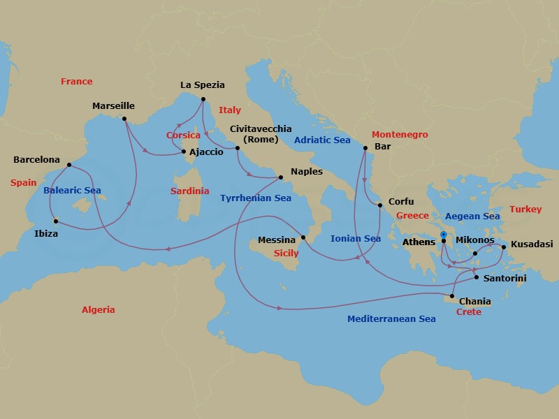 Route map: Athens (Piraeus), Greece → Santorini, Greece → Bar, Montenegro → Corfu, Greece → Sicily (Messina), Italy → Barcelona, Spain → Ibiza, Spain → Marseille (Provence), France → Corsica (Ajaccio), France → La Spezia (for Florence/Pisa),Italy