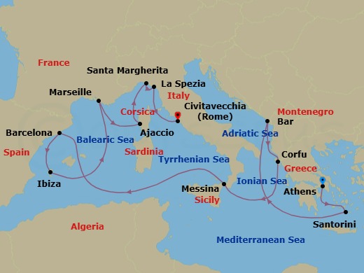 Route map: Athens (Piraeus), Greece → Santorini, Greece → Bar, Montenegro → Corfu, Greece → Sicily (Messina), Italy → Barcelona, Spain → Ibiza, Spain → Marseille (Provence), France → Corsica (Ajaccio), France → Santa Margherita, Italy