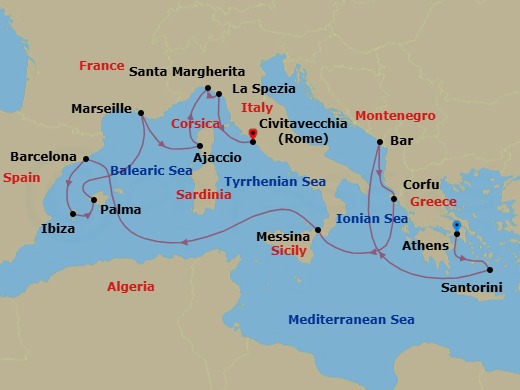 Route map: Athens (Piraeus), Greece → Santorini, Greece → Bar, Montenegro → Corfu, Greece → Sicily (Messina), Italy → Barcelona, Spain → Ibiza, Spain → Mallorca (Palma), Spain → Marseille (Provence), France → Corsica (Ajaccio), France