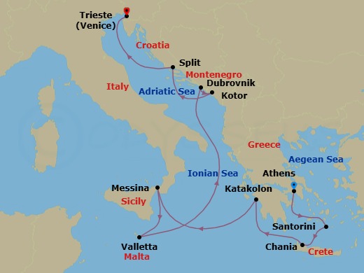 Route map: Athens (Piraeus), Greece → Santorini, Greece → Crete (Chania), Greece → Katakolon (for Olympia), Greece → Sicily (Messina), Italy → Valletta, Malta → Dubrovnik, Croatia → Kotor, Montenegro → Split, Croatia → Trieste (for Venice), Italy