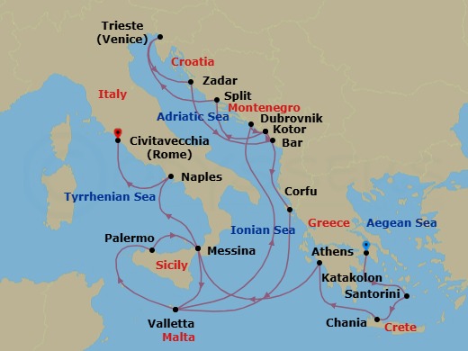 Route map: Athens (Piraeus), Greece → Santorini, Greece → Crete (Chania), Greece → Katakolon (for Olympia), Greece → Sicily (Messina), Italy → Valletta, Malta → Dubrovnik, Croatia → Kotor, Montenegro → Split, Croatia → Trieste (for Venice), Italy