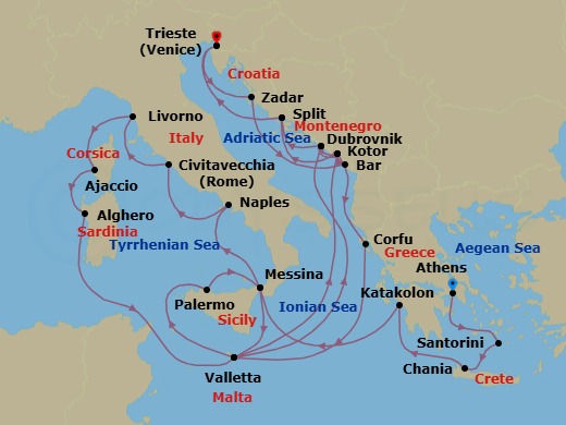 Route map: Athens (Piraeus), Greece → Santorini, Greece → Crete (Chania), Greece → Katakolon (for Olympia), Greece → Sicily (Messina), Italy → Valletta, Malta → Dubrovnik, Croatia → Kotor, Montenegro → Split, Croatia → Trieste (for Venice), Italy