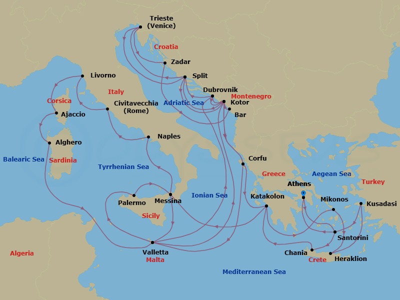 Route map: Athens (Piraeus), Greece → Santorini, Greece → Crete (Chania), Greece → Katakolon (for Olympia), Greece → Sicily (Messina), Italy → Valletta, Malta → Dubrovnik, Croatia → Kotor, Montenegro → Split, Croatia → Trieste (for Venice), Italy