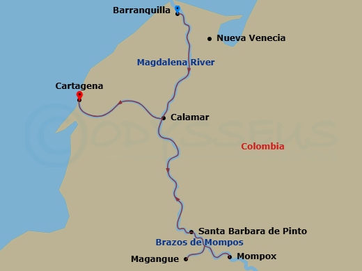 Route map: Barranquilla → Nueva Venecia → Santa Barbara de Pinto → Cartagena Turistica → Calamar → Cartagena