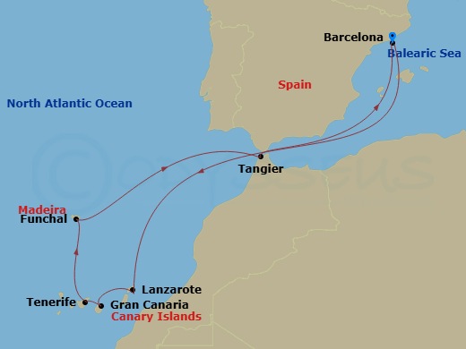 Route map: Barcelona, Spain → Lanzarote, Canary Islands → Gran Canaria, Canary Islands → Tenerife, Canary Islands → Madeira (Funchal), Portugal → Tangier, Morocco → Barcelona, Spain