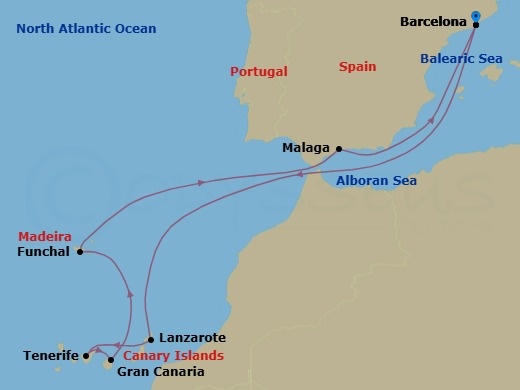 Route map: Barcelona, Spain → Lanzarote, Canary Islands → Tenerife, Canary Islands → Gran Canaria, Canary Islands → Madeira (Funchal), Portugal → Malaga, Spain → Barcelona, Spain