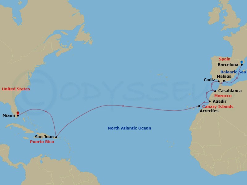 Route map: Barcelona → Malaga → Cadiz → Casablanca → Agadir → Arrecife (Lanzarote) → San Juan → Miami