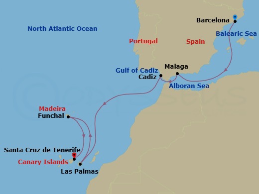Route map: Barcelona → Malaga → Cadiz → Las Palmas (Gran Canaria) → Funchal (Madeira) → Santa Cruz (Tenerife)