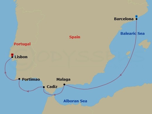 Route map: Barcelona → Malaga (Costa del Sol) → Cadiz → Portimao → Lisbon