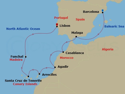 Route map: Barcelona → Malaga → Casablanca → Agadir → Arrecife (Lanzarote) → Santa Cruz De Tenerife → Funchal (Madeira) → Lisbon