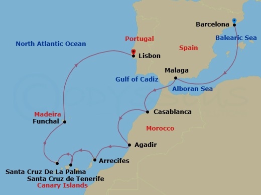 Route map: Barcelona → Malaga → Casablanca → Agadir → Arrecife (Lanzarote) → Santa Cruz De Tenerife → Santa Cruz De La Palma → Funchal (Madeira) → Lisbon