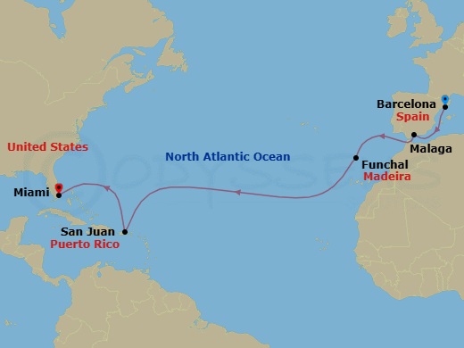 Route map: Barcelona → Malaga → Funchal (Madeira) → San Juan → Miami