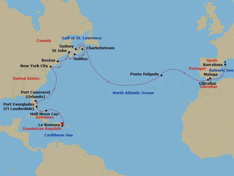 Route map: Barcelona → Malaga → Gibraltar → Ponta Delgada (Azores) → CHARLOTTETOWN (CANADA) → SYDNEY Nova Scotia(Canada) → HALIFAX, NOVA SCOTIA (CANADA) → St John NB → BOSTON → NEW YORK