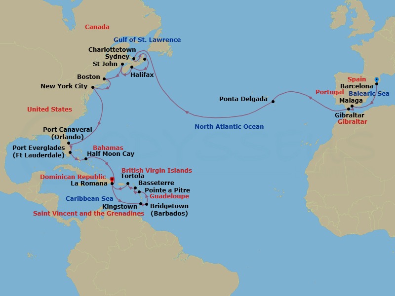 Route map: Barcelona → Malaga → Gibraltar → Ponta Delgada (Azores) → CHARLOTTETOWN (CANADA) → SYDNEY Nova Scotia(Canada) → HALIFAX, NOVA SCOTIA (CANADA) → St John NB → BOSTON → NEW YORK