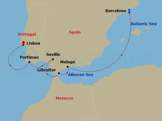 Route map: Barcelona → Malaga → Gibraltar → Seville → Portimao → Lisbon