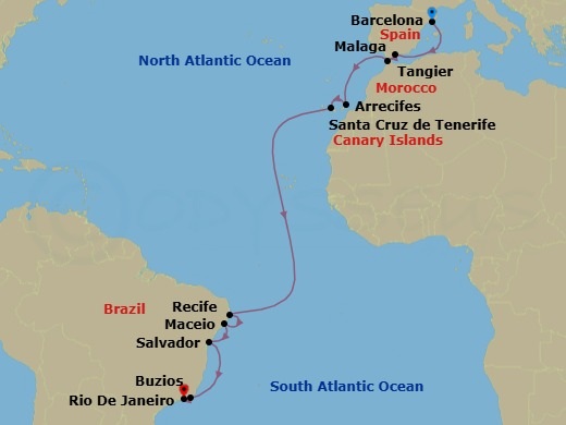 Route map: Barcelona → Malaga → Tangier (Tetouan) Morocco → Arrecifes → Santa Cruz de Tenerife → Recife → Maceio → Salvador → Buzios → Rio De Janeiro