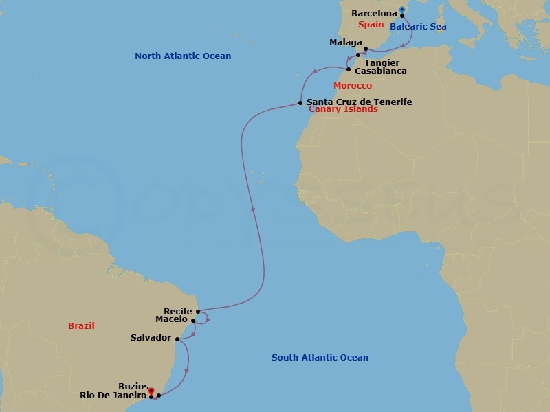 Route map: Barcelona → Malaga → Tangier (Tetouan) Morocco → Casablanca → Santa Cruz de Tenerife → Recife → Maceio → Salvador → Buzios → Rio De Janeiro